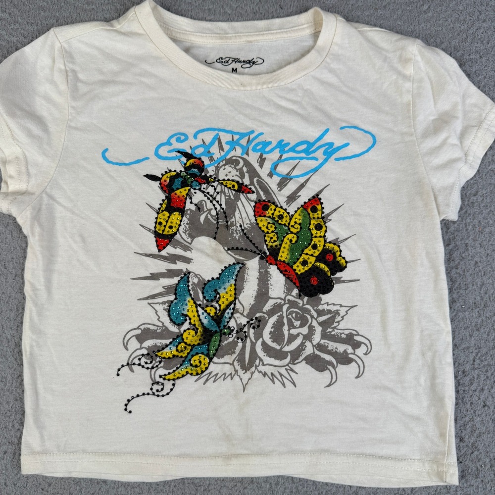 Ed Hardy T-Shirt Girls M Cream Butterfly Rhinestone Graphic Tee Streetwear